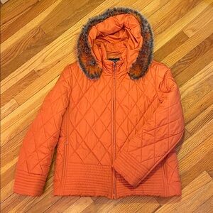 APROPOS Orange Quilted Puffer Style Ladies Jacket w Faux Fur Trim Removable Hood